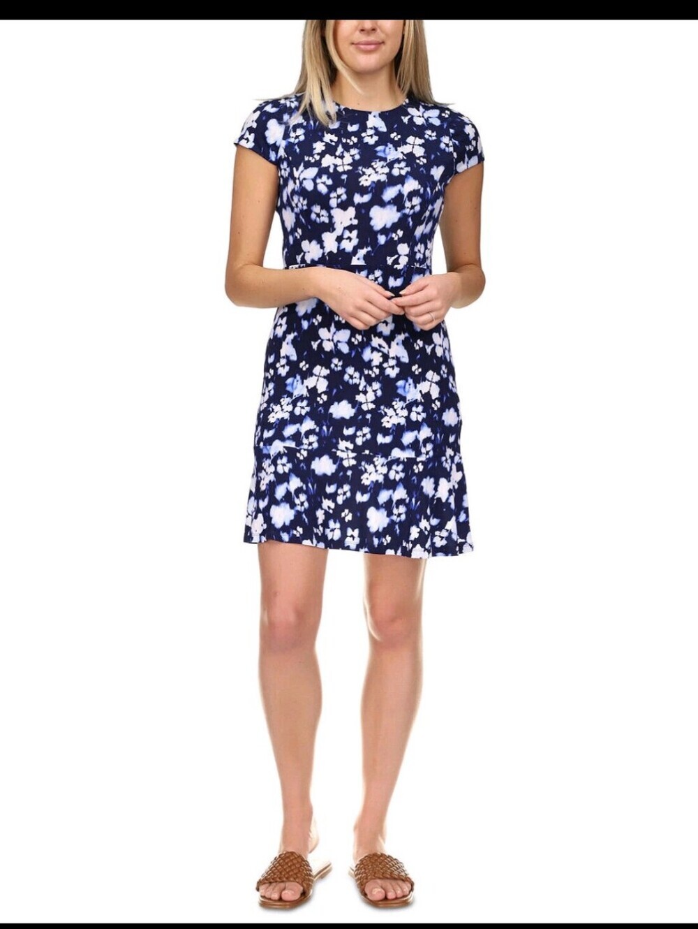 Michael Kors Ikat Poppy Flounce FLORAL Navy Mini Dress Size S PREPPY Classic